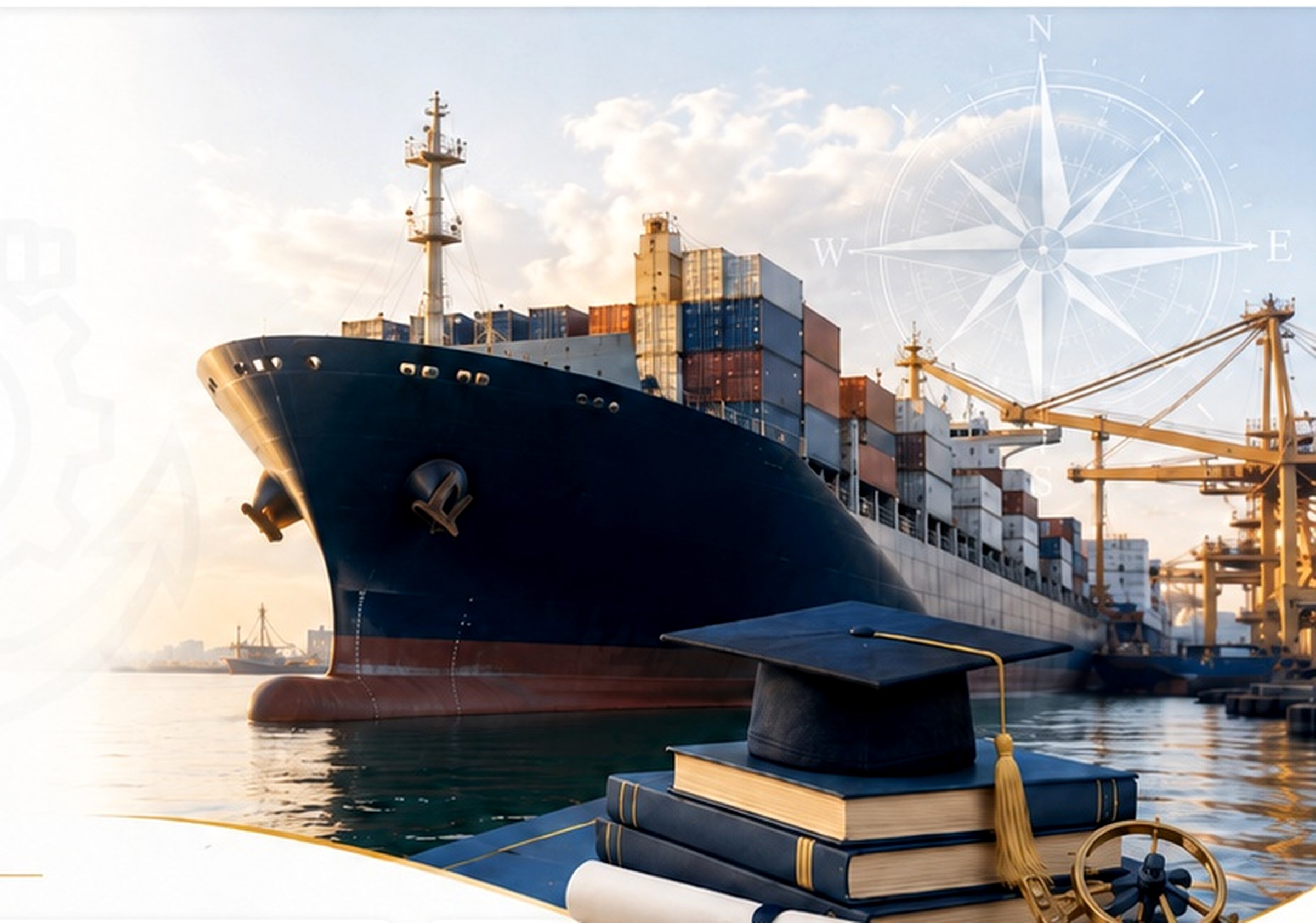 Barco portacontenedores en puerto con libros y diploma como símbolo de navegación, educación y progreso